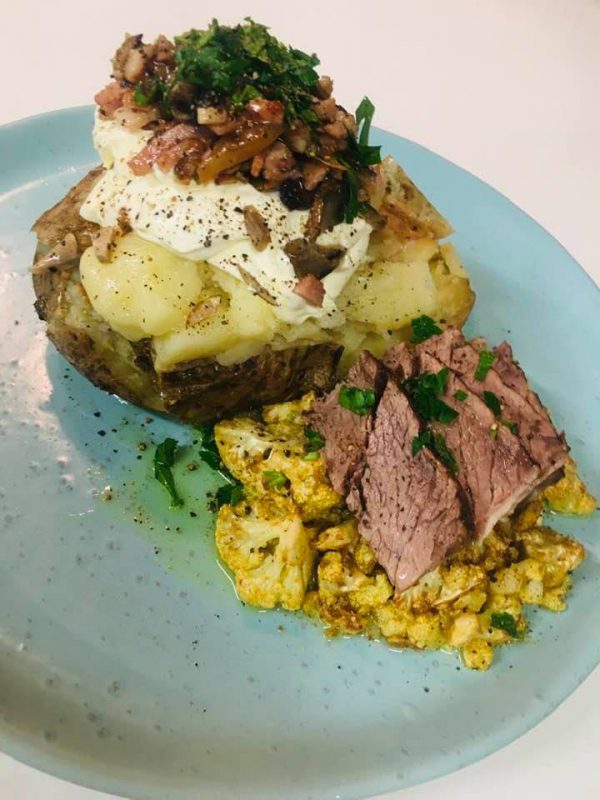 Baked Jacket Potato, Sirloin Steak, Turmeric Cauliflower with Mushroom